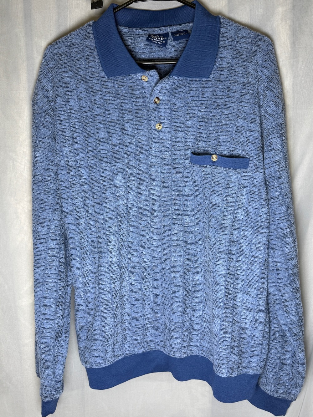 Men’s John Blair blue textured long sleeve polo sweater blue front pocket medium